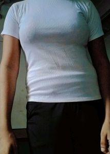White Ribbed Knit T-Shirt