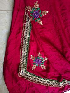 Red marronish crushed saree crepe with beautiful b