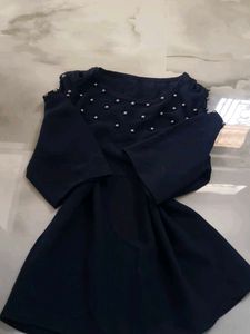 Navy Cold Shoulder Top with Pearl Detail