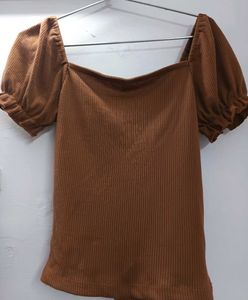 Brown Ruched Puff Sleeve Top