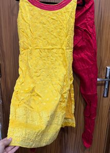 chikankari work , Yellow Kurta Set with Red Pants