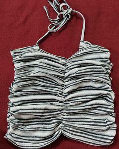 Striped Ruched Halter Neck Crop Top
