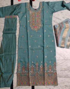 Embroidered Teal Kurta Set with Dupatta