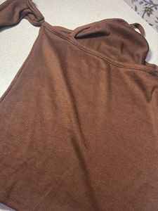 Brown Ribbed Cutout Top