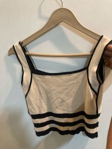 Beige &amp; Black Striped Zipper Tank Top