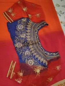 Ombre Orange &amp; Red Embroidered Saree