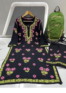 Black Kurta Set with Pink Floral Embroidery