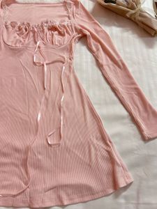 Pink Ribbed Lace Detail Mini Dress 🎀