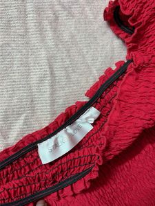 Red Smocked Crop Top with Puff Sleeves