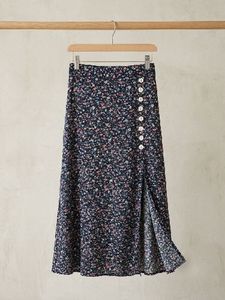 Floral Print Midi Skirt with Button Detail