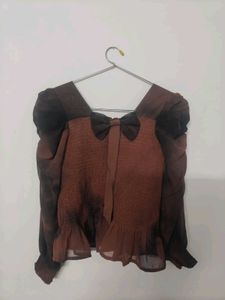 Chic Brown Smocked Bow Top