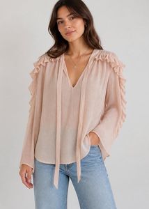 Sheer Ruffle Sleeve V-Neck Blouse