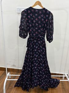 Navy Blue Floral Wrap Maxi Dress