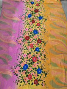 Pure Crepe Floral Hand work And Painted Sari