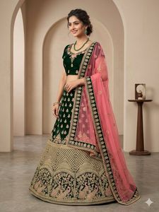 Elegant Green Velvet Lehenga Choli with Pink Dupat