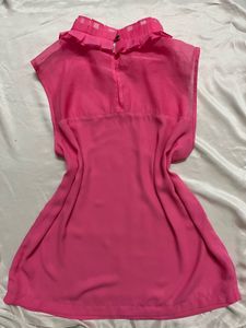 Chic Pink Ruffled Neck Sleeveless Top