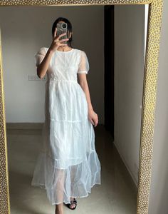 Sheer White Puff Sleeve Tiered Midi Dress