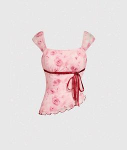Pink Floral Mesh Top with Ribbon Detail
