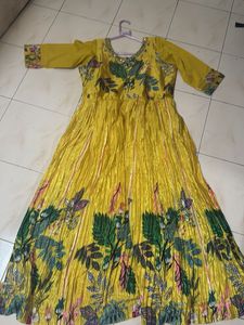 Yellow Ethnic Gown with Floral Print