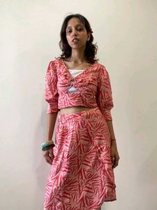 Stylish Pink Leaf Print wrap skirt and crop top
