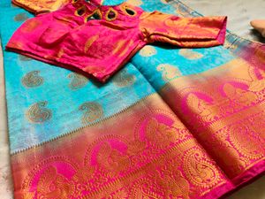 Beautiful Blue Saree with Pink Blouse