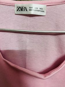 Zara Pink Ribbed Square Neck Long Sleeve Top