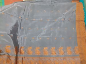 Grey with Orange silk  cotton saree