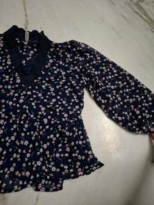 Navy Floral Print Peplum Top
