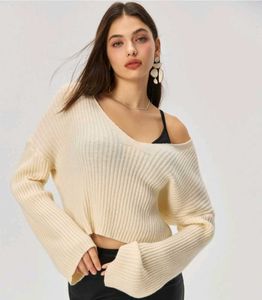 Cream Ribbed V-Neck Crop Sweater