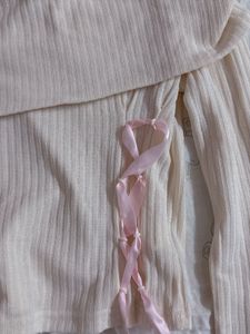 Cream Off-Shoulder Ribbed Top with Pink Laces