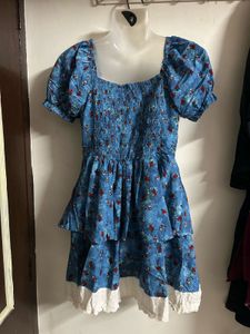 Blue Floral Print Ruffled Dress