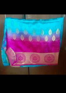 Pink, Blue Colour Saree With Pink Stitch Blouse