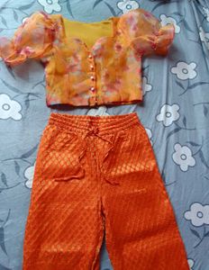 Orange Floral Organza top & Pants Set