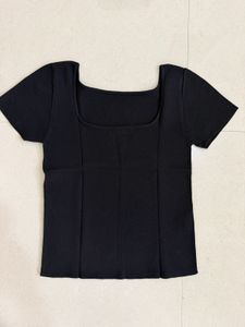 MANGO Black Square Neck Ribbed Top