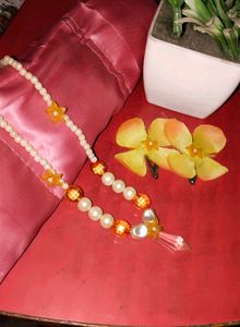 Pearl &amp; Orange Bead Necklace Set