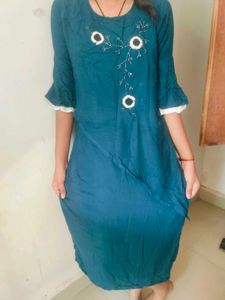 Blue And White Kurti Cheed Moti Work