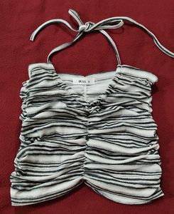 Striped Ruched Halter Neck Crop Top