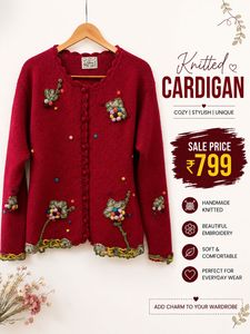 Red Knitted Cardigan with Embroidery