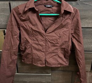 Brown Collared Long Sleeve Cropped Top