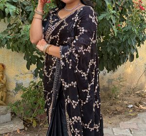 Elegant Black partywear Saree with roseGold Embroi