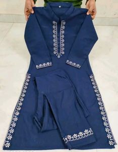 Elegant Winter Blue Embroidered Kurta Set