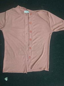 Cute Pink Ribbed Button-Up Top