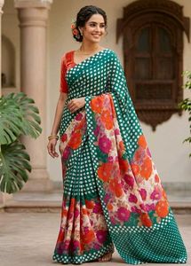 Vibrant Floral Saree with Polka Dot Border