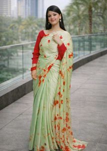 Elegant Mint Green Floral Saree with Red Blouse |