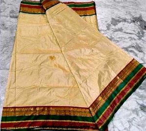 Elegant Cream Saree with Red &amp; Green Border