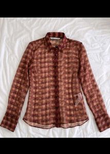 ZARA Sheer Checkered Long Sleeve Blouse