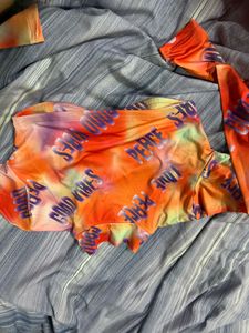 Orange-Coloured &amp; Purple Typography Printed Fitted