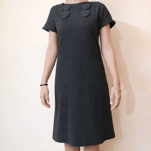 Chic Dark Grey Button Detail A-Line Dress