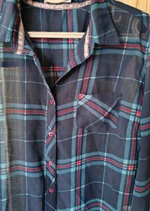 Plaid Sheer Button-Down Top