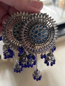 Oxidised Blue Long Jhumkas